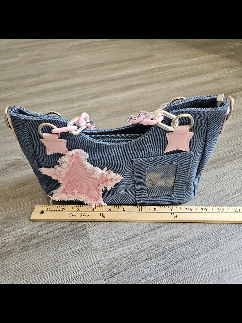 Source Unknown Blue Denim Shoulder Bag with Pink Accents
